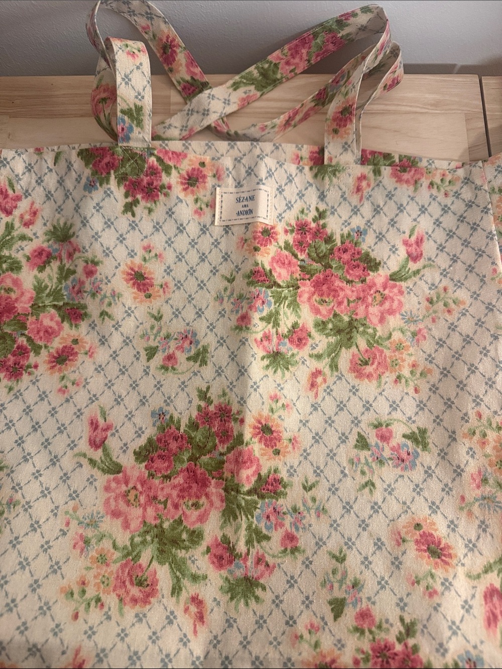 Sézane Floral Cotton Tote in Pink, Green and Cream